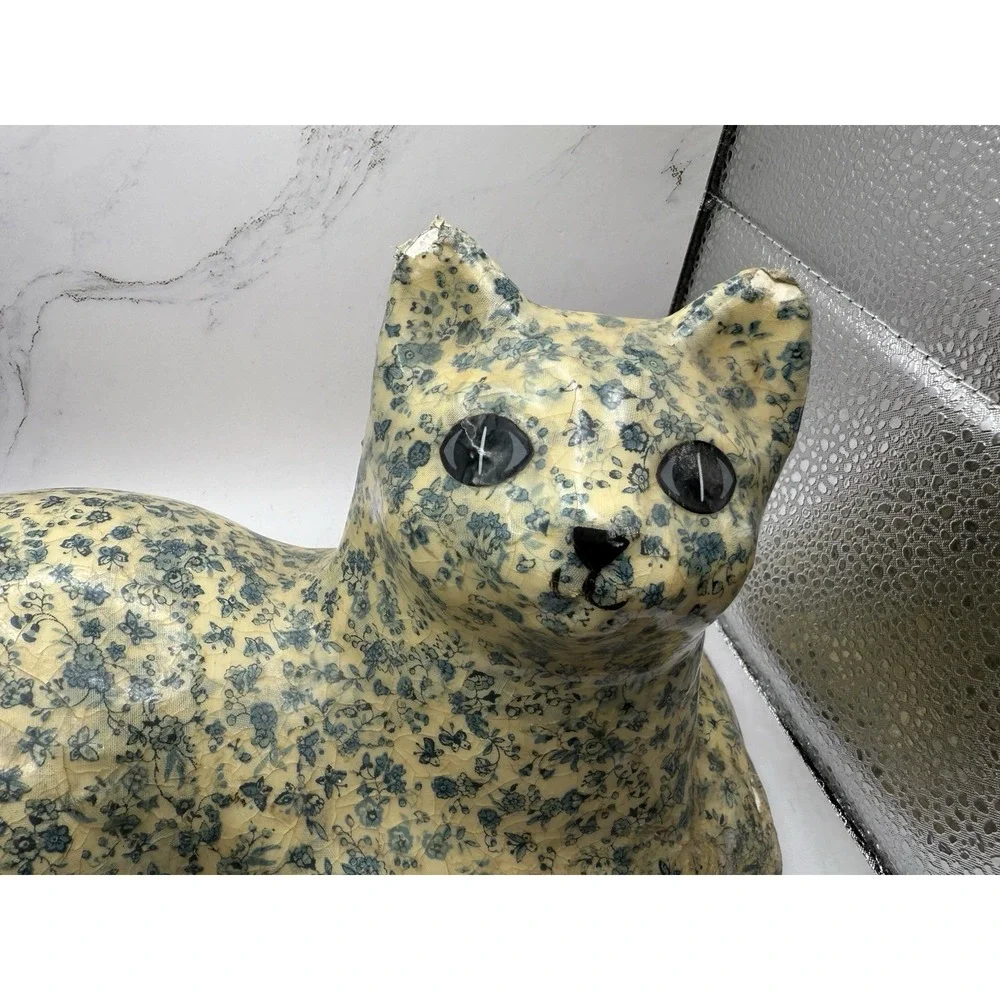 Vintage Decoupage Cat Figurine Blue Chintz Floral Fabric